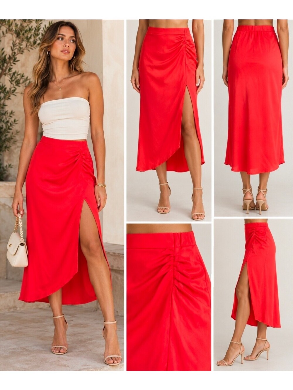 Princess Polly Red Satin Midi Skirt Size 0 Ruched Side Slit High Waist Y2K